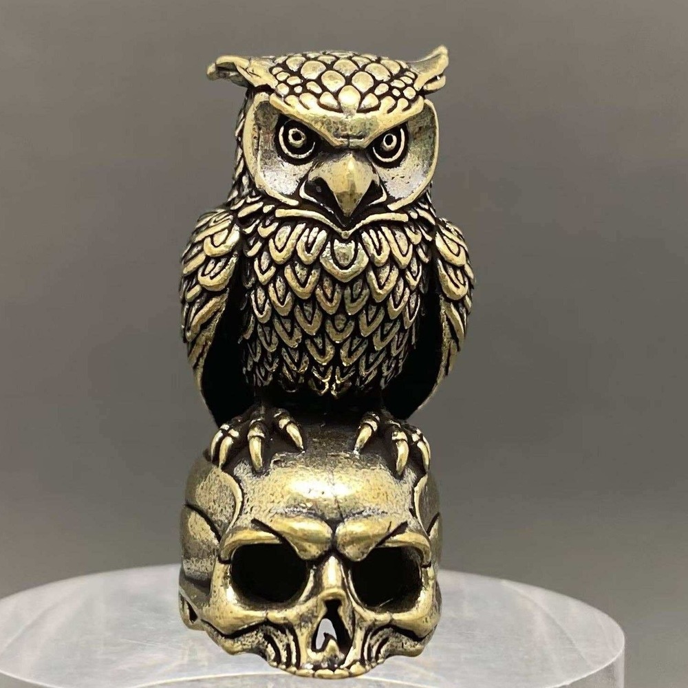 Brass Owl on Skull Figurine Memento Mori Wisdom Spirit Animal Gothic Altar Decor